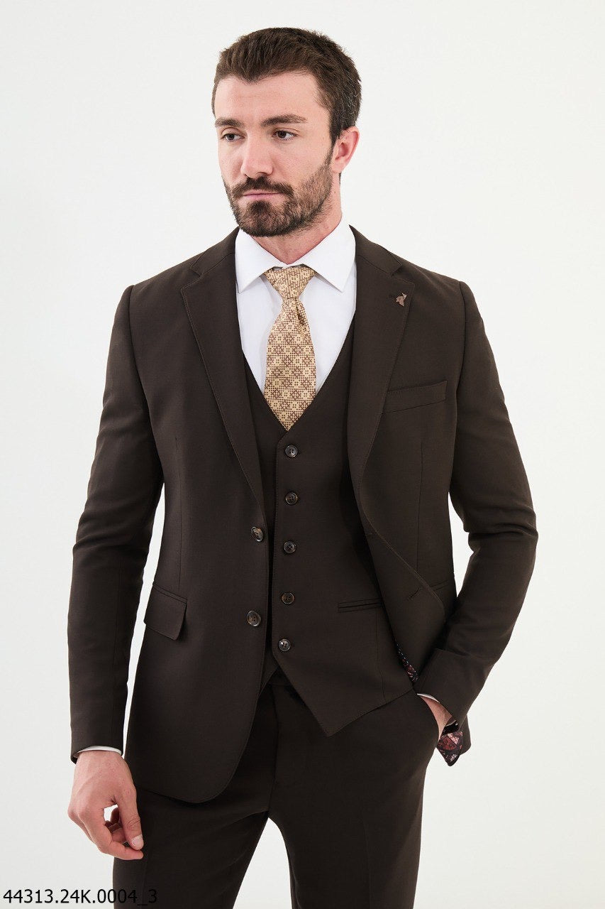 Brabion Diego Coffee Brown Notch Lapel 3 Piece Wool Suit
