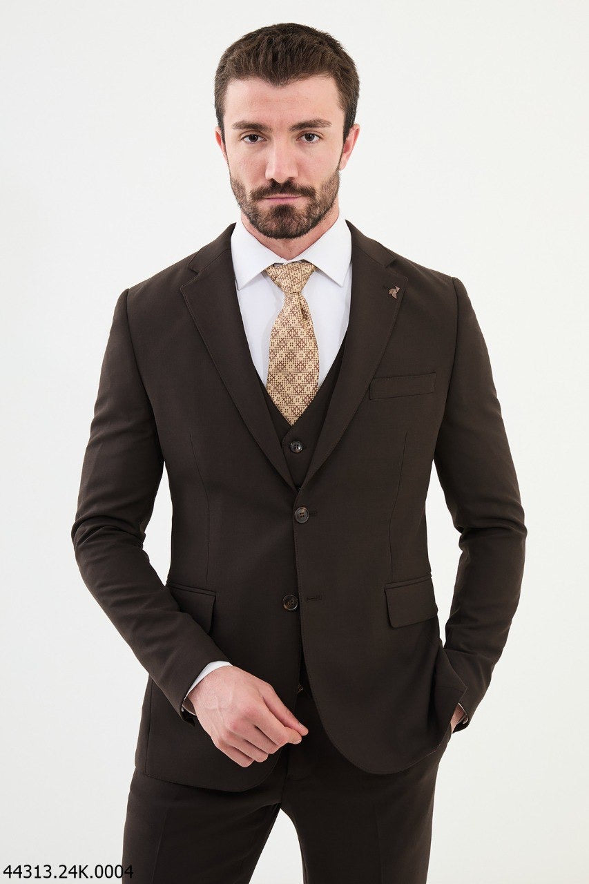 Brabion Diego Coffee Brown Notch Lapel 3 Piece Wool Suit