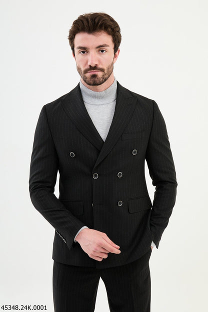 Brabion Diego Black 2 Piece Double Breasted Pinstripe Wool Suit