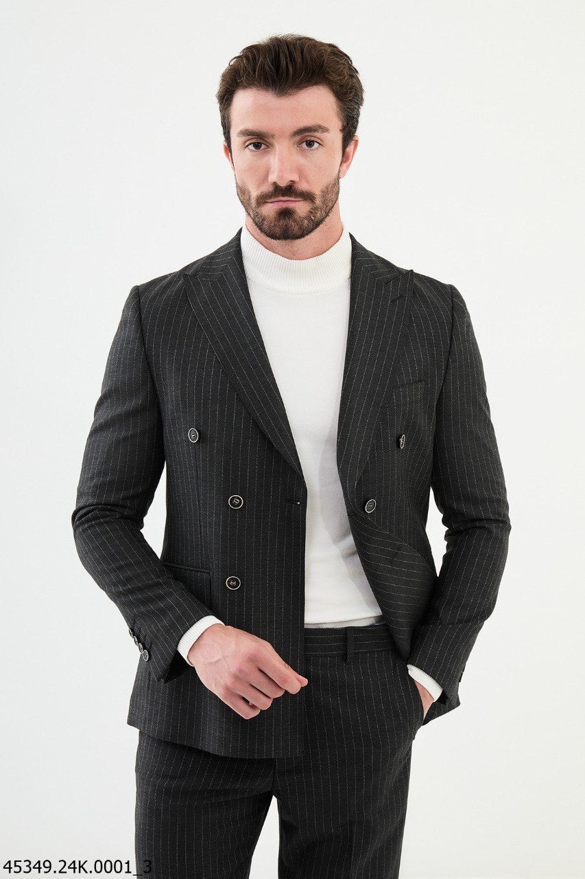 Brabion Diego Dark Gray Slim-Fit Double Breasted Wool Suit