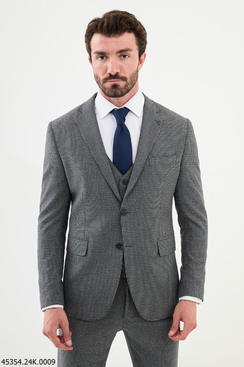Brabion Diego Navy Gray 3 Piece Shepherd's Check Wool Suit