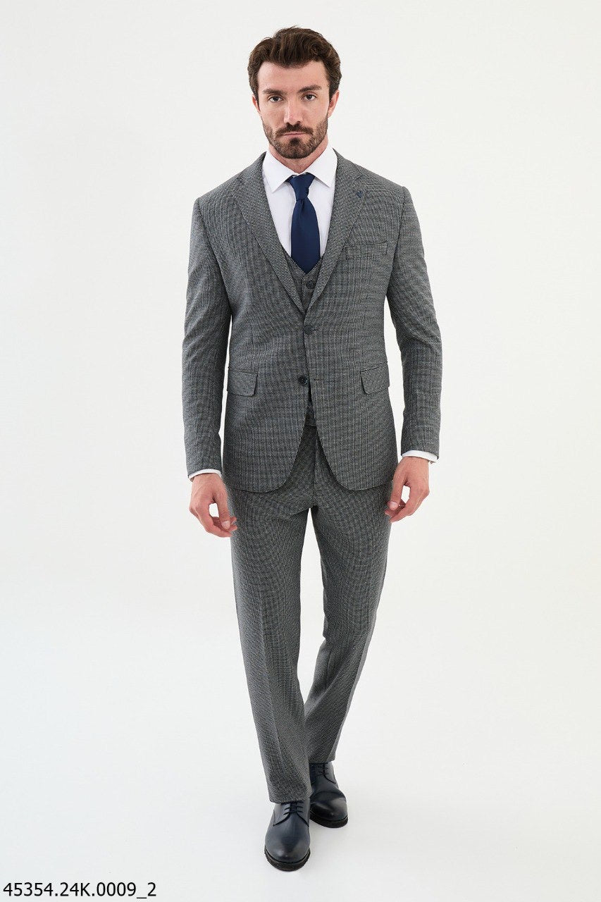 Brabion Diego Navy Gray 3 Piece Shepherd's Check Wool Suit
