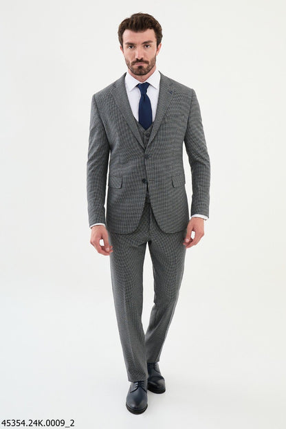 Brabion Diego Navy Gray 3 Piece Shepherd's Check Wool Suit