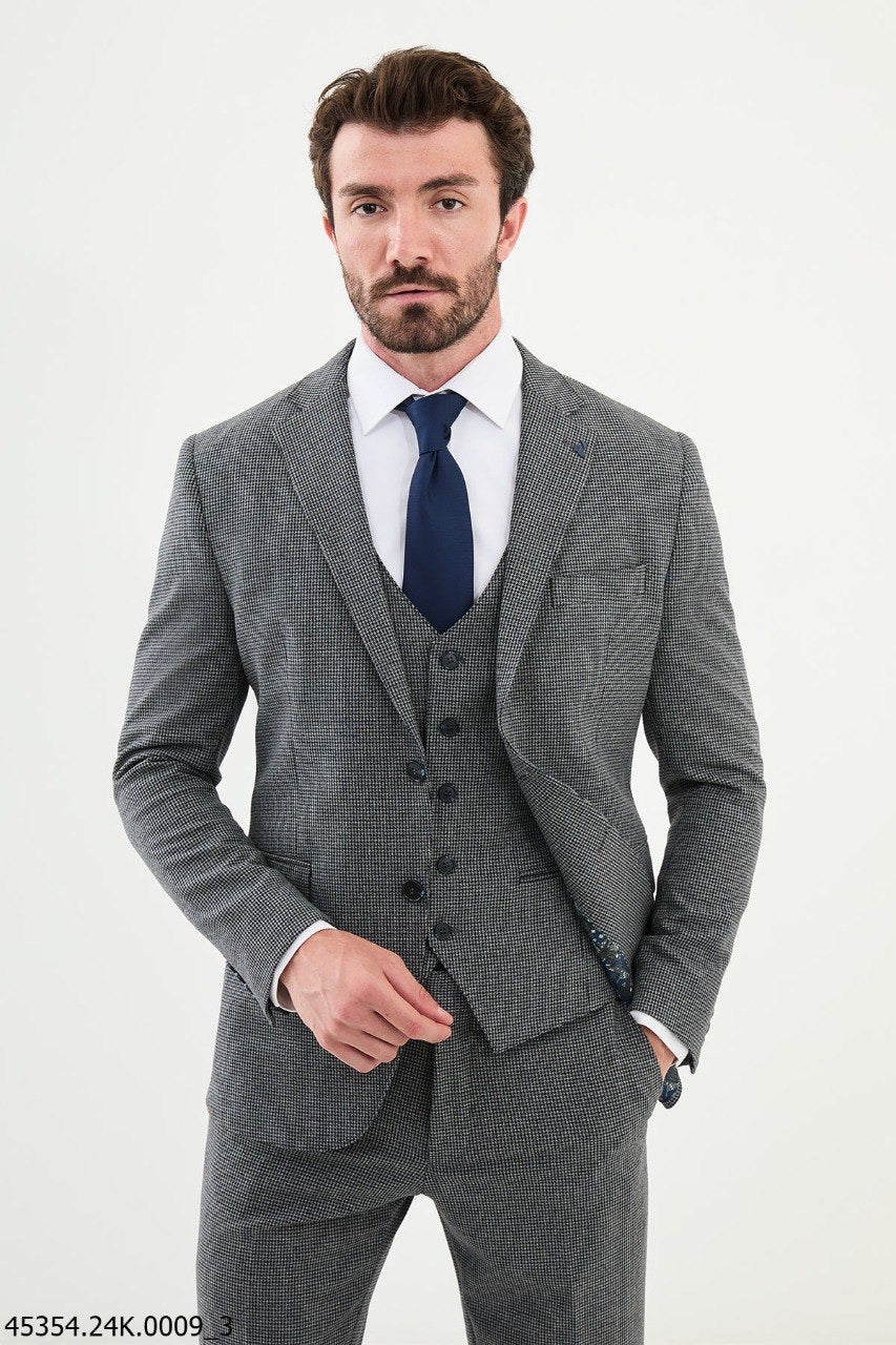 Brabion Diego Navy Gray 3 Piece Shepherd's Check Wool Suit
