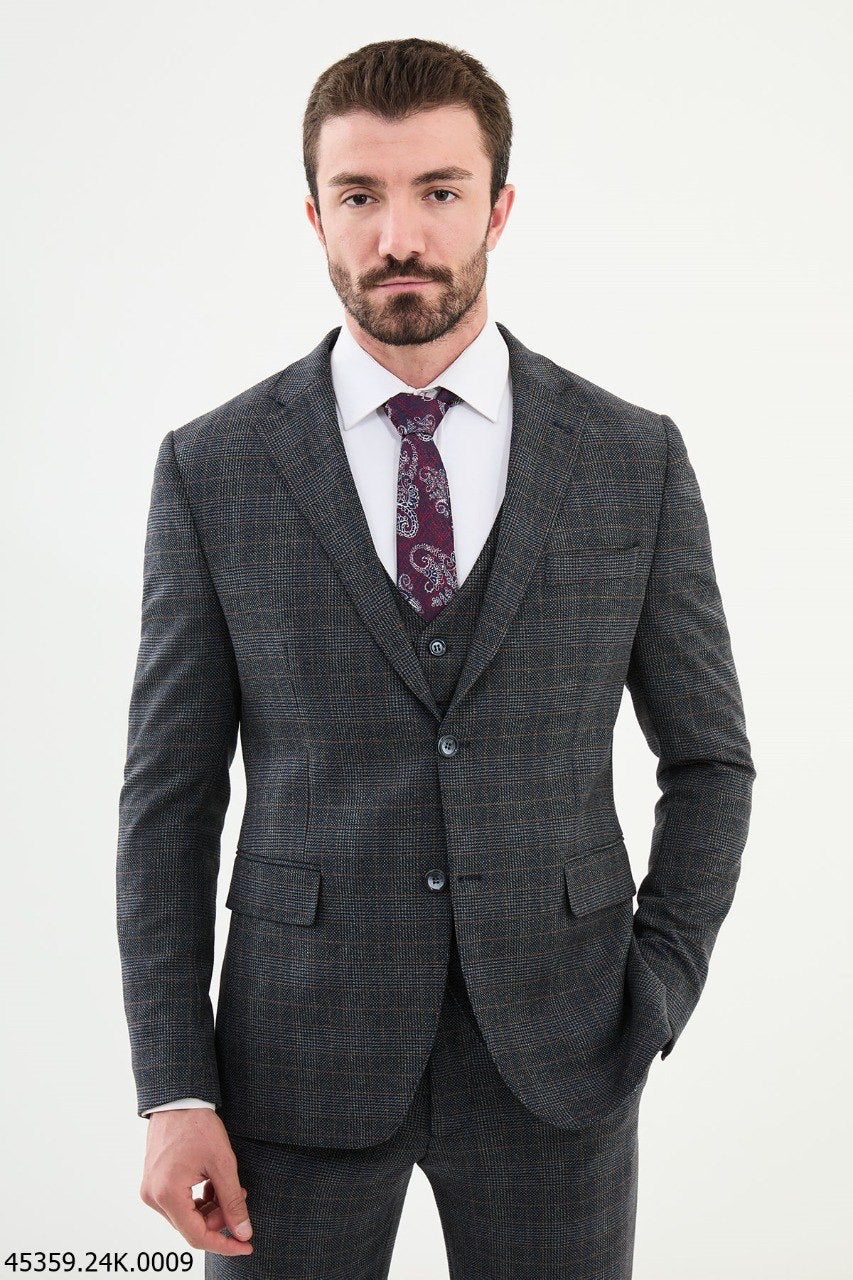Brabion Diego Dark Blue 3 Piece Glen Check Wool Suit