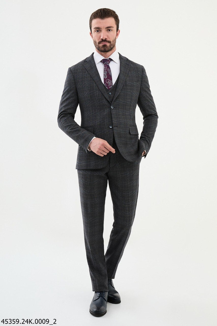Brabion Diego Dark Blue 3 Piece Glen Check Wool Suit
