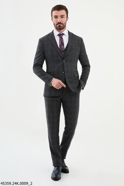 Brabion Diego Dark Blue 3 Piece Glen Check Wool Suit
