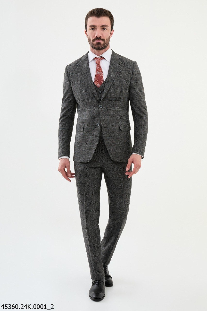 Brabion Diego Dark Gray 3 Piece Glen Check Wool Suit