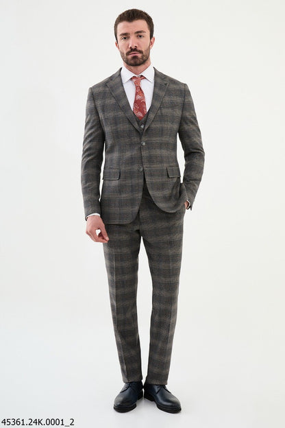 Brabion Diego Beige 3 Piece Glen Plaid Wool Suit for Modern Men
