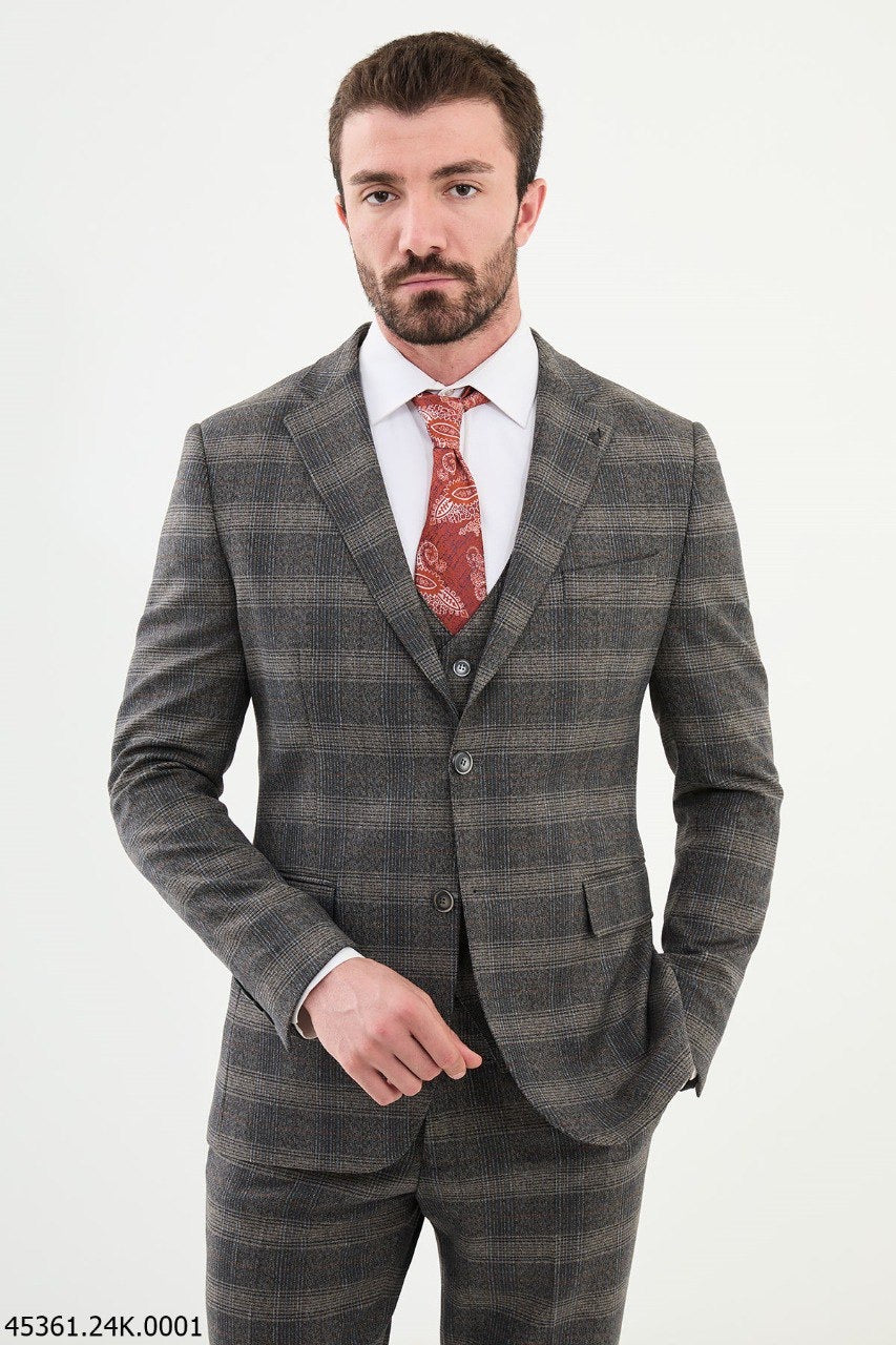 Brabion Diego Beige 3 Piece Glen Plaid Wool Suit for Modern Men