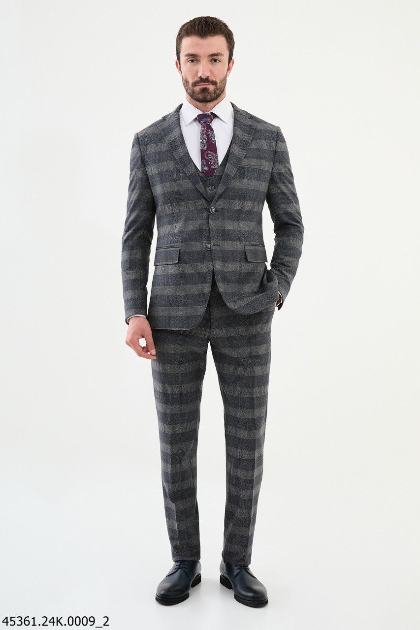 Brabion Diego Blue 3 Piece Glen Plaid Wool Suit