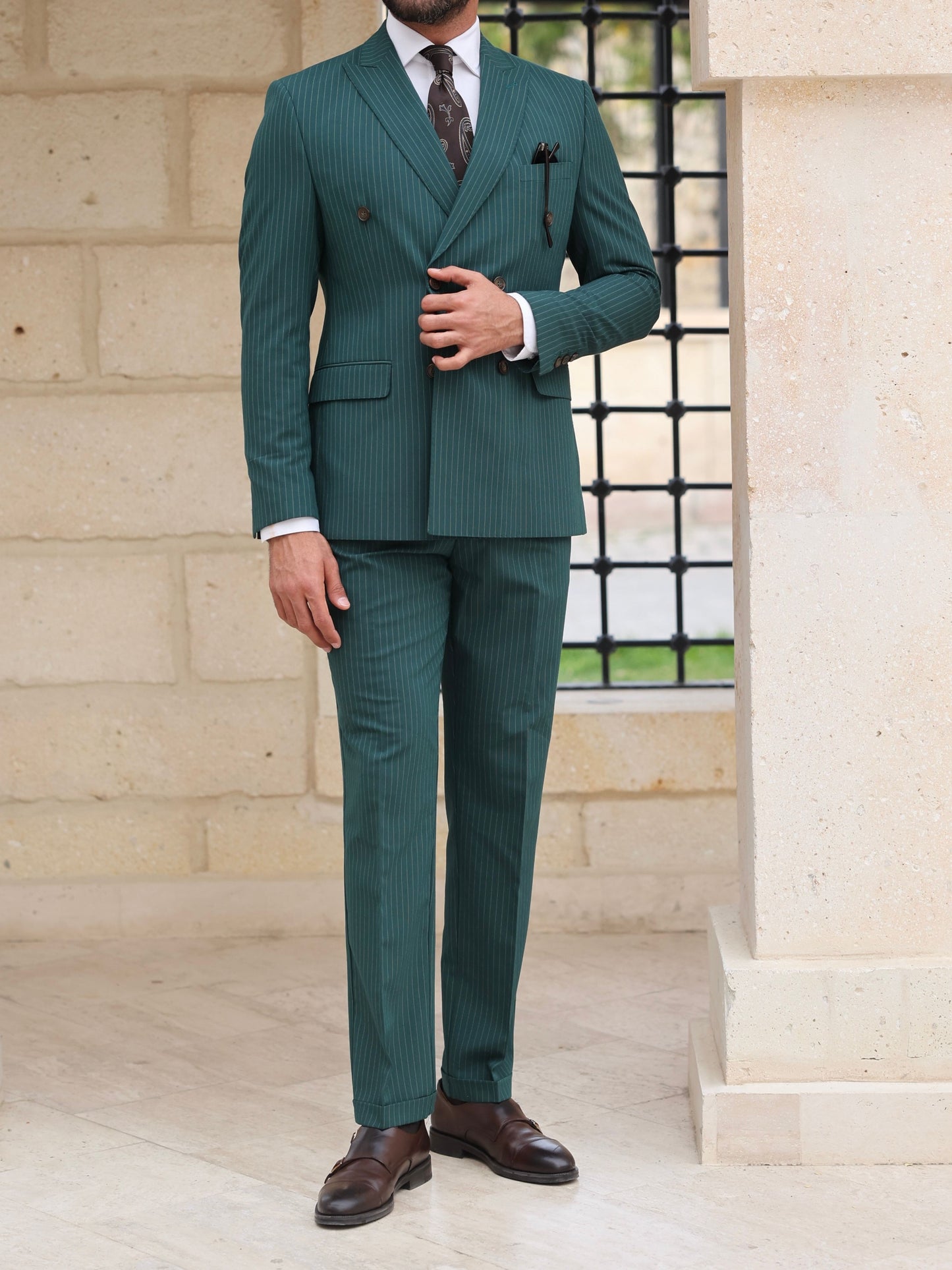 Green Striped Double Breasted Suit 2-Piece VIOSSI