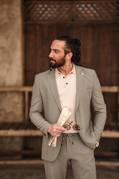 Khaki Mono-Collar Summer Suit – Lightweight Two-Piece