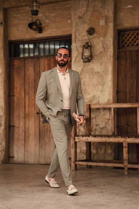 Khaki Mono-Collar Summer Suit – Lightweight Two-Piece