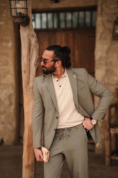 Khaki Mono-Collar Summer Suit – Lightweight Two-Piece