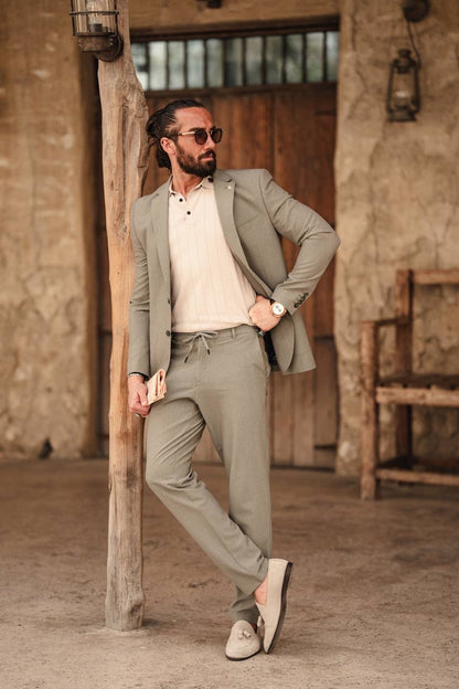Khaki Mono-Collar Summer Suit – Lightweight Two-Piece