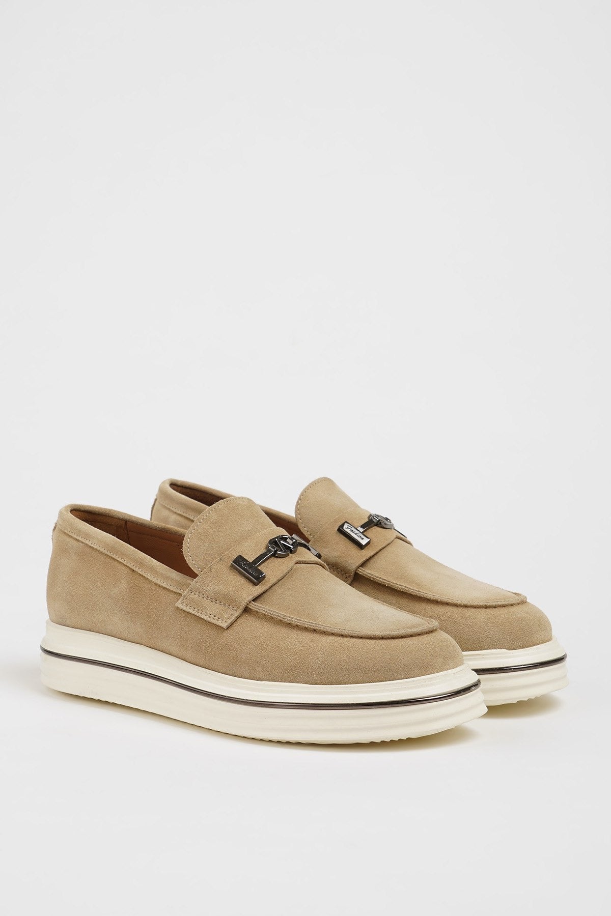 Maison Beige Nubuck Leather Slip-On Loafers with Buckle Detailing