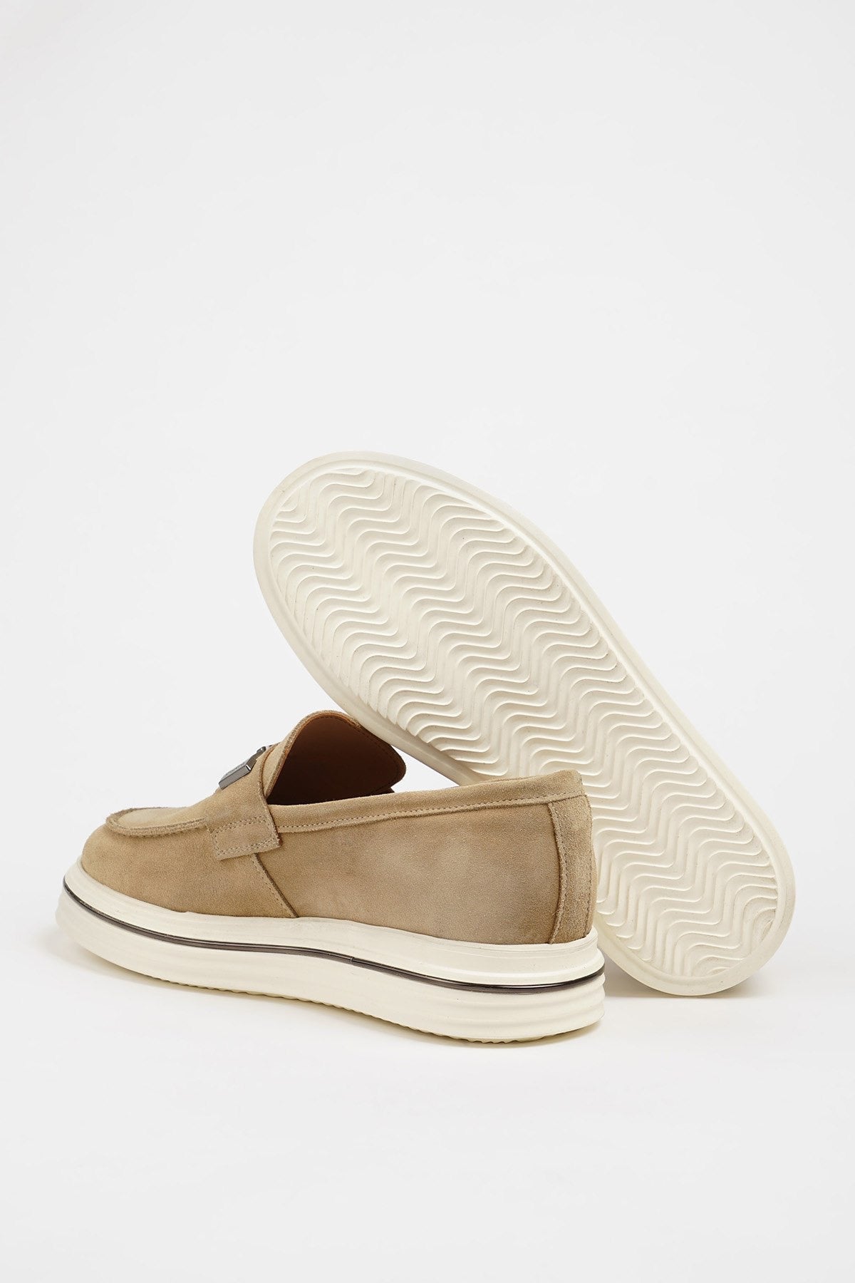 Maison Beige Nubuck Leather Slip-On Loafers with Buckle Detailing