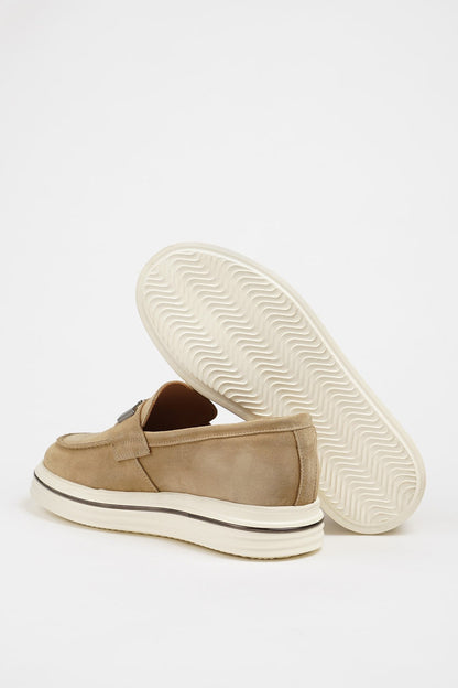 Maison Beige Nubuck Leather Slip-On Loafers with Buckle Detailing