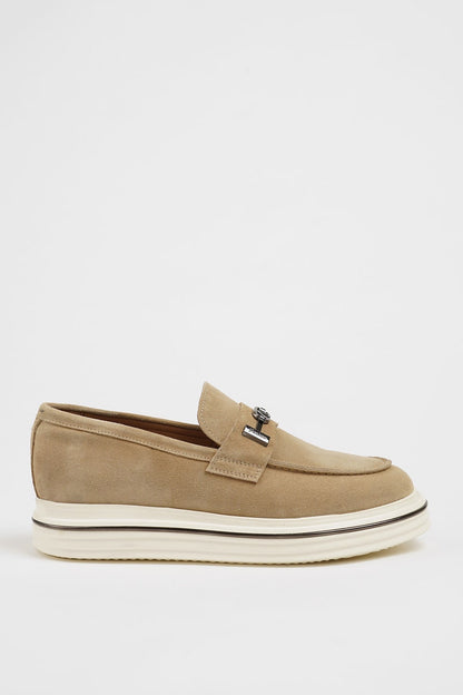 Maison Beige Nubuck Leather Slip-On Loafers with Buckle Detailing