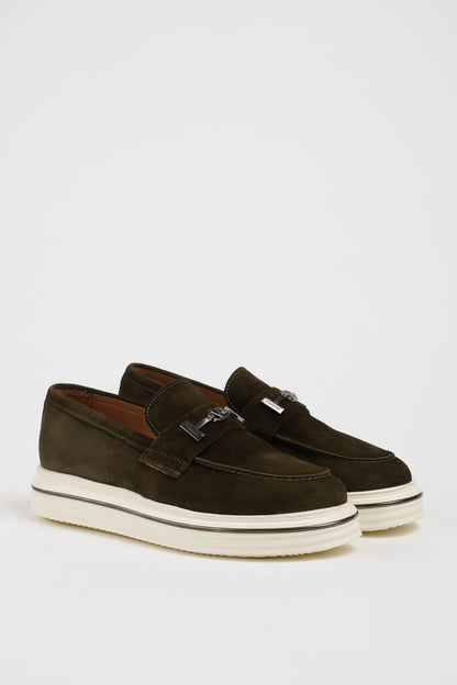Maison Khaki Nubuck Leather Casual Loafers with Buckle Detail
