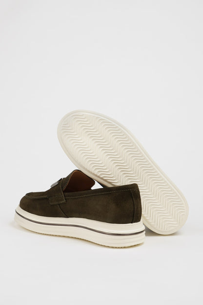 Maison Khaki Nubuck Leather Casual Loafers with Buckle Detail