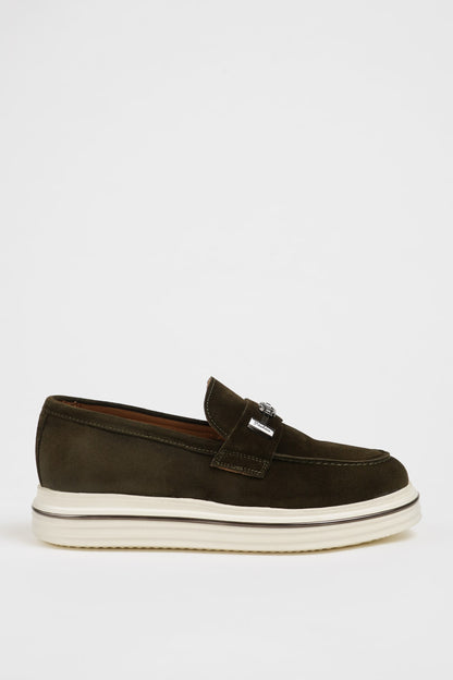 Maison Khaki Nubuck Leather Casual Loafers with Buckle Detail