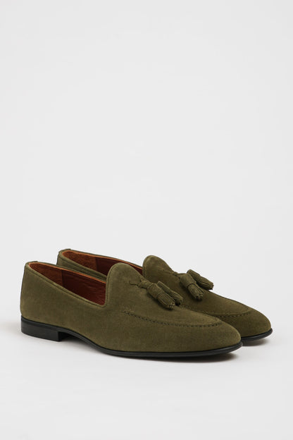 Maison Khaki Suede Loafers with Tassel Detail