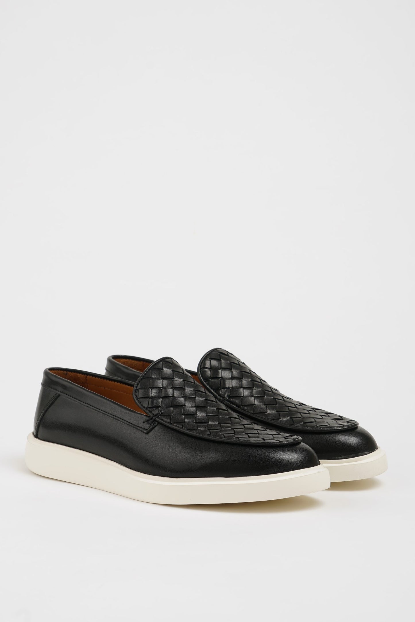 Maison Black Leather Casual Shoes with Knitted Detail