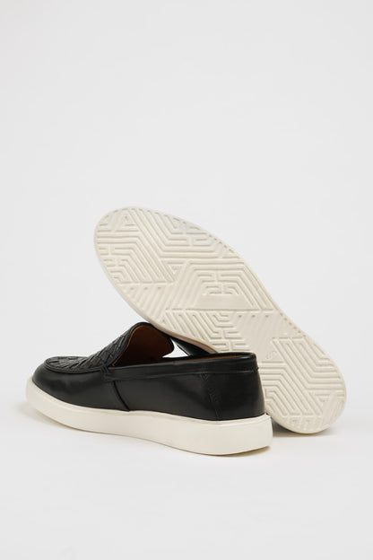 Maison Black Leather Casual Shoes with Knitted Detail