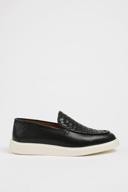 Maison Black Leather Casual Shoes with Knitted Detail