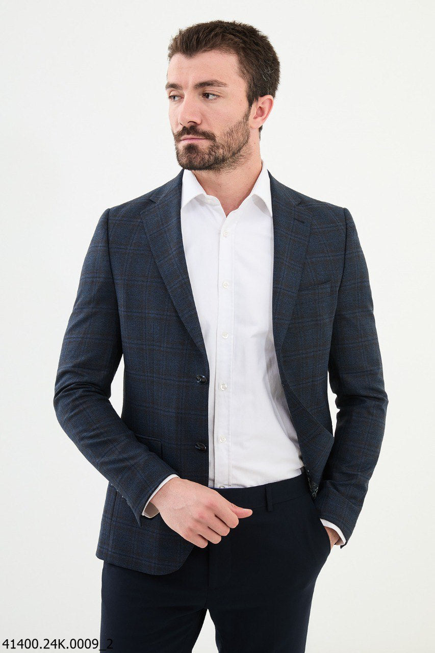 Brabion Dante Navy Blue Slim Fit Plaid Wool Blazer