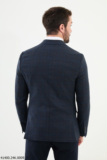 Brabion Dante Navy Blue Slim Fit Plaid Wool Blazer