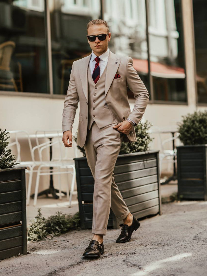 Beige Striped Slim-Fit Suit 3-Piece VIOSSI
