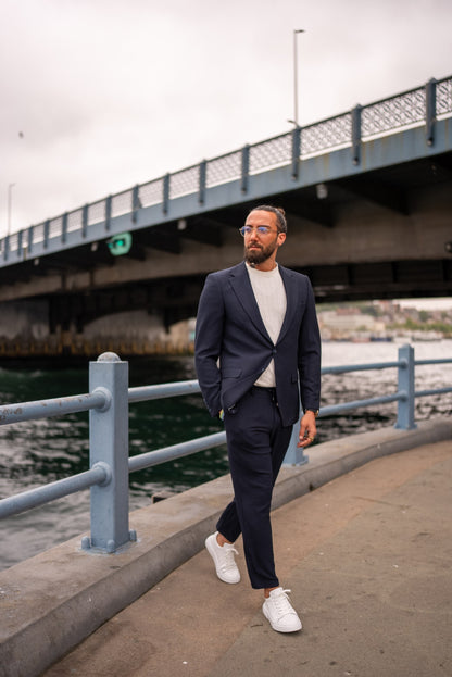 Monaco Navy Blue Mono-Collar Summer Suit