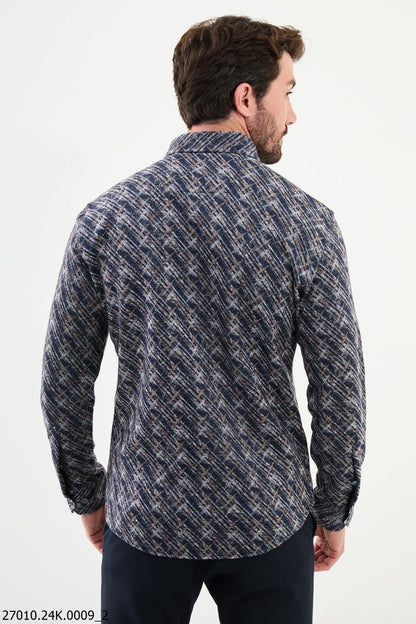 Brabion Nico Navy Blue Slim Fit Patterned Wool Shirt