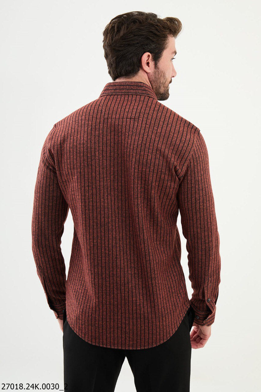 Brabion James Rust Slim Fit Chalk Stripe Wool Shirt