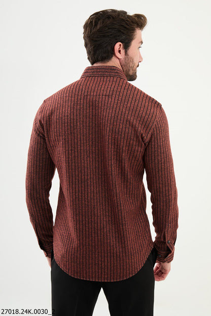 Brabion James Rust Slim Fit Chalk Stripe Wool Shirt