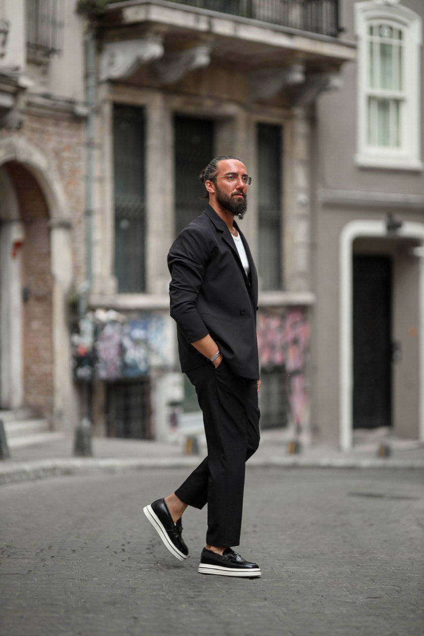 Santorini Nights Mono Collar Suit in Jet Black