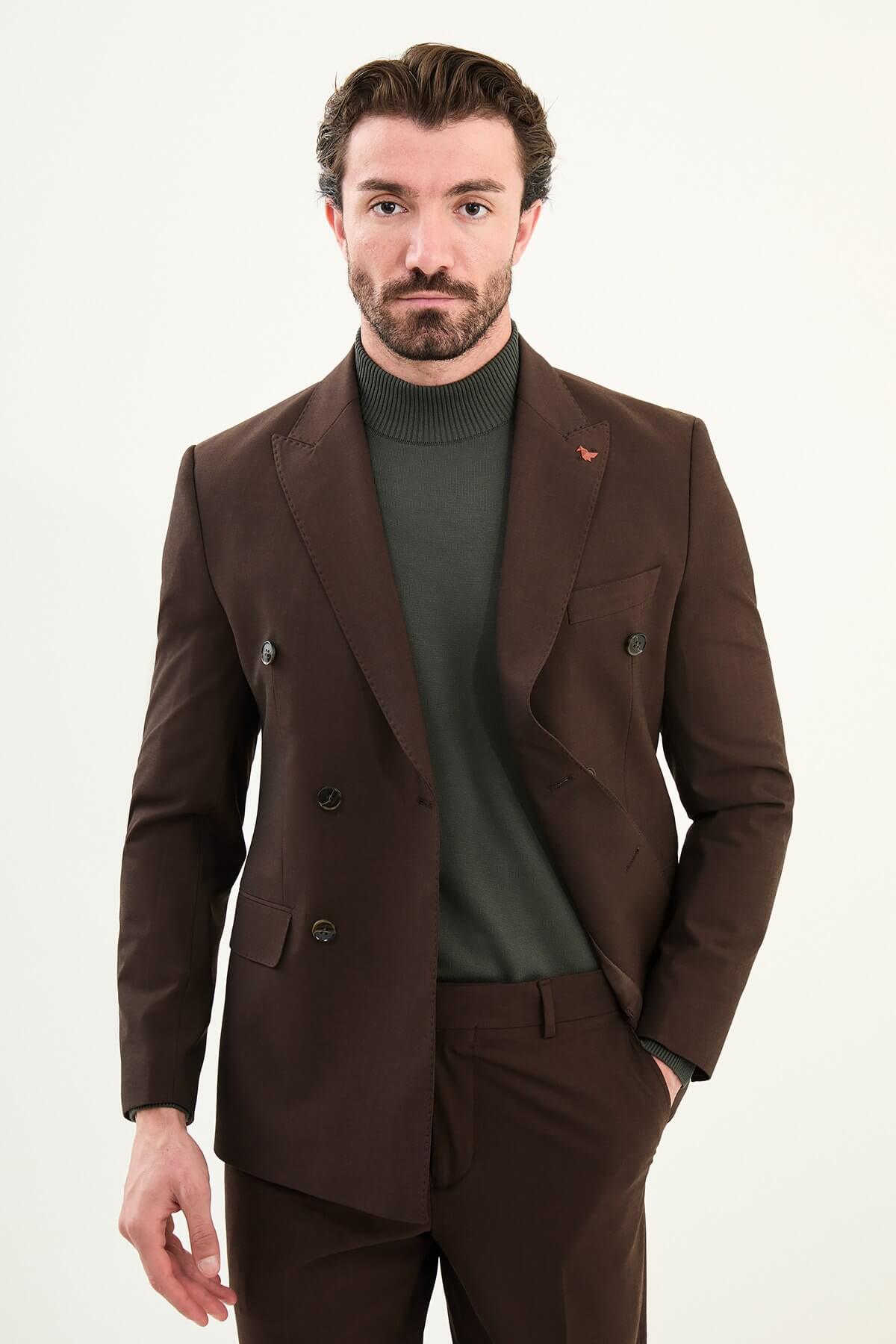 Men’s dark brown chocolate/espresso slim-fit double-breasted 6x2 suit with peak lapels, cotton-wool-viscose blend with 4-way stretch for wrinkle-resistant wear, styled with a cream or dark olive turtleneck.