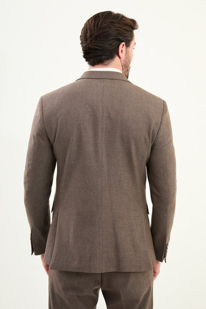 Men’s coffee brown mélange slim-fit double-breasted wool-blend suit with peak lapels, tortoiseshell buttons, and red origami lapel pin.