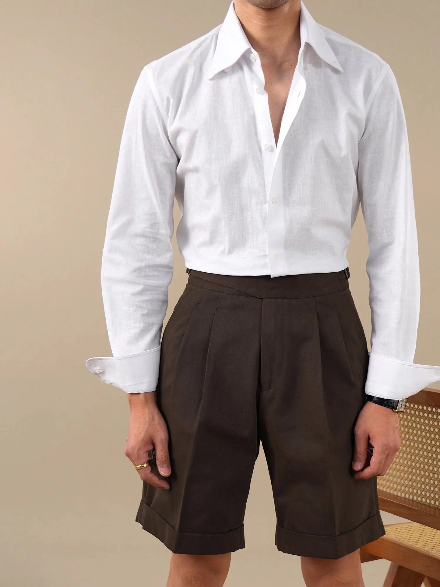 Vintage High-Waist Double-Pleat Straight-Leg Men's Shorts BRABION