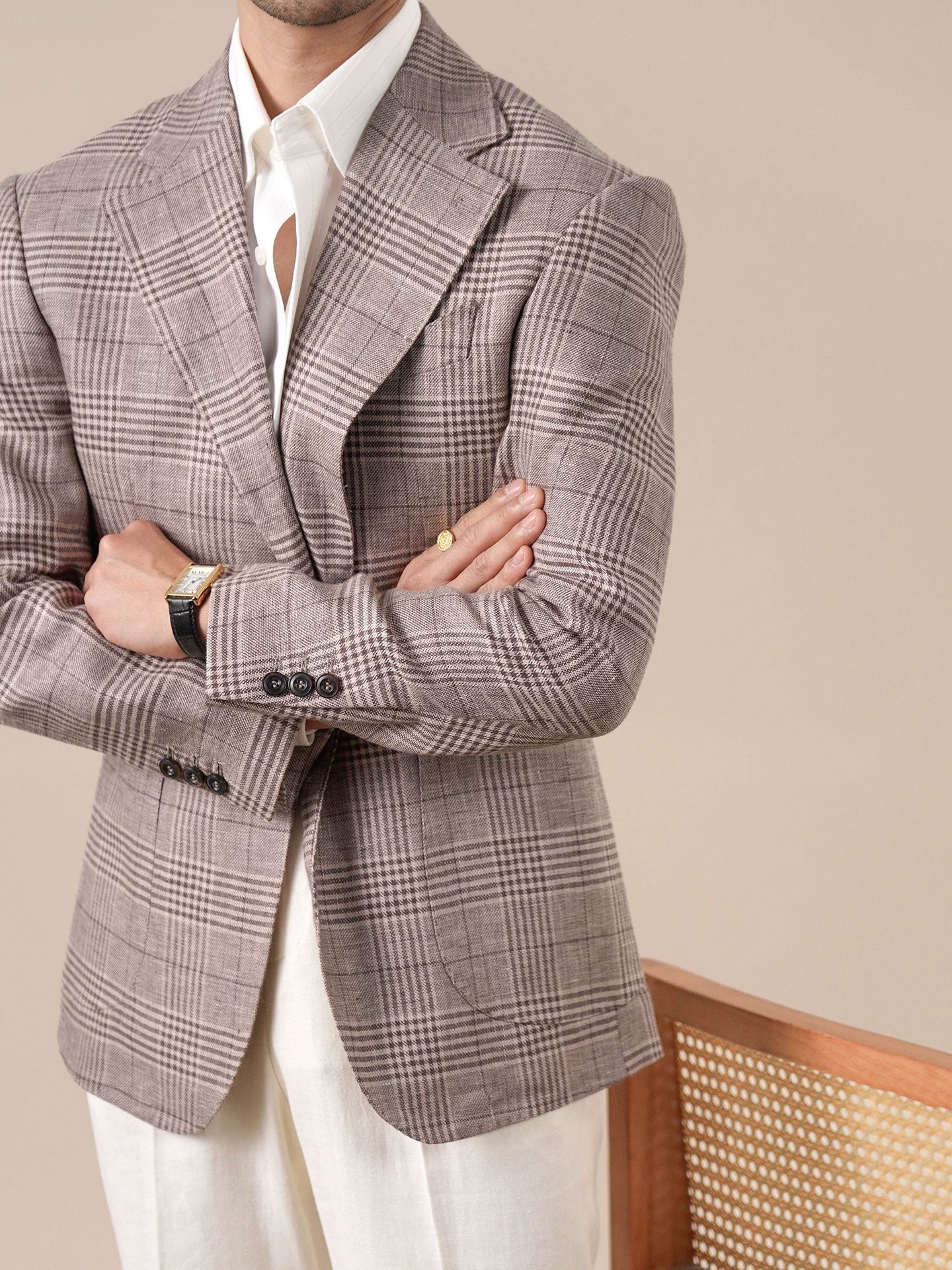 Mens Italian Prince of Wales Check Linen Blazer