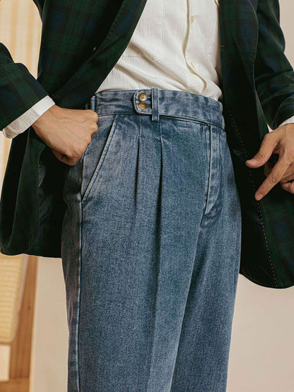 Men’s Italian Naples-Style Relaxed Straight-Leg Double-Pleat Jeans