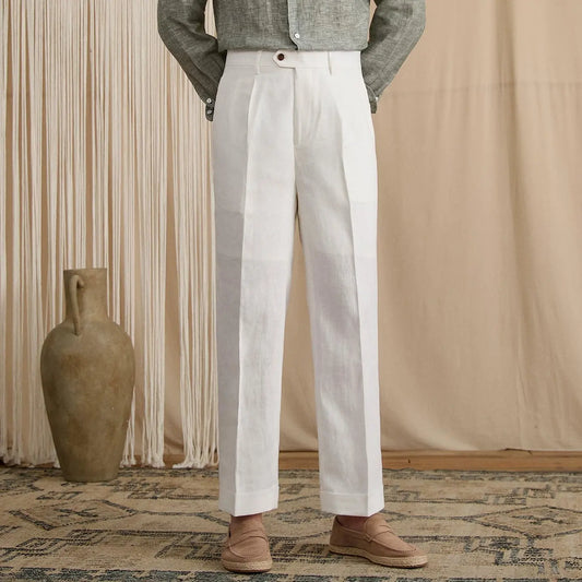Men's Summer Breathable Pure Linen High-Waisted Trousers BRABION