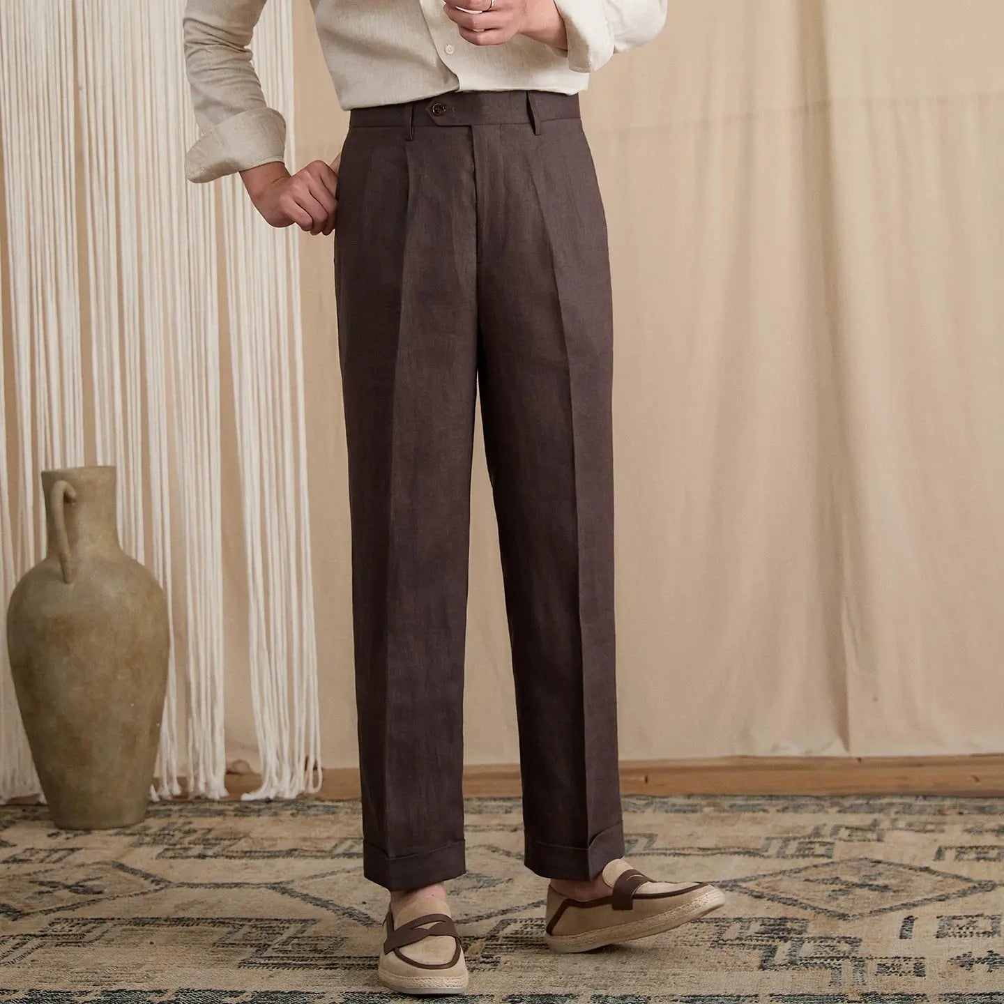 Men's Summer Breathable Pure Linen High-Waisted Trousers BRABION
