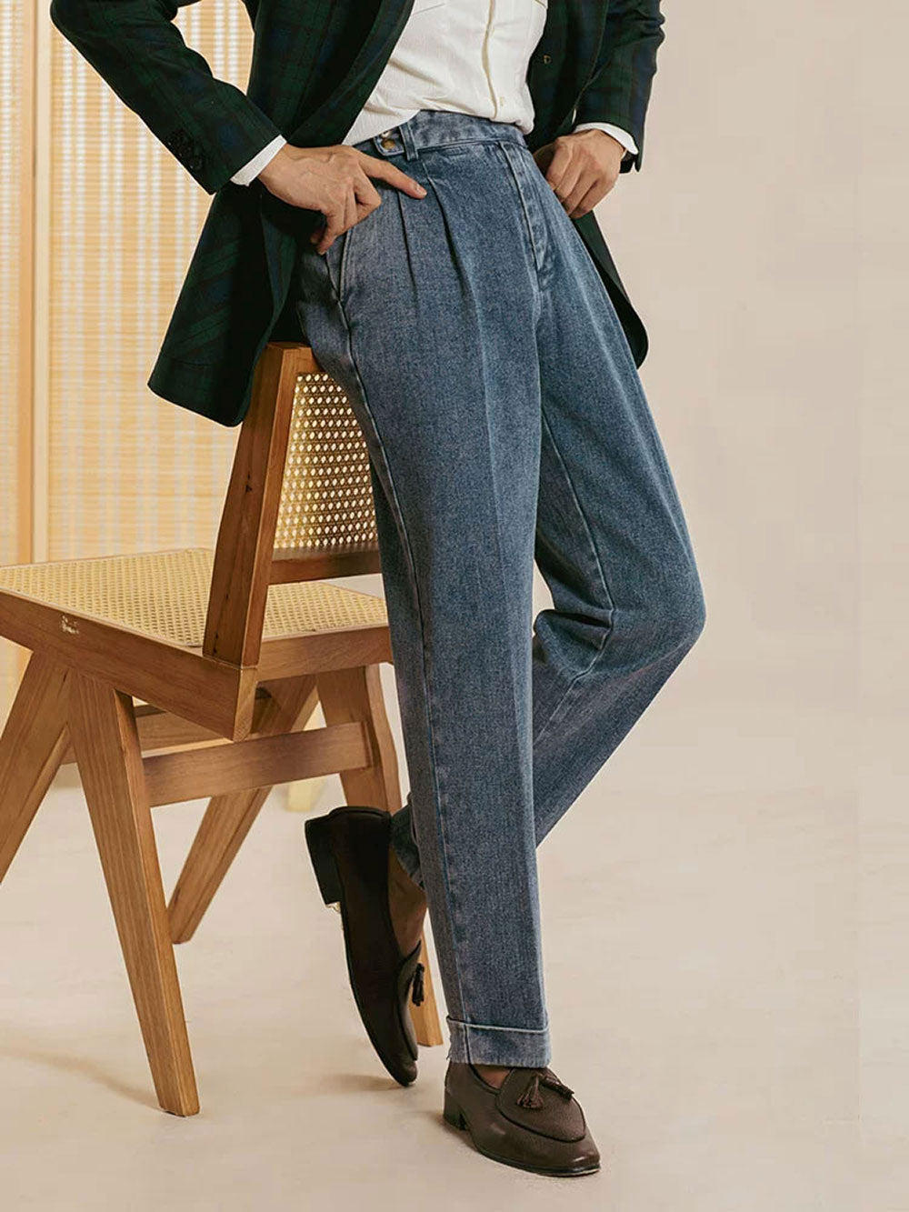 Men’s Italian Naples-Style Relaxed Straight-Leg Double-Pleat Jeans