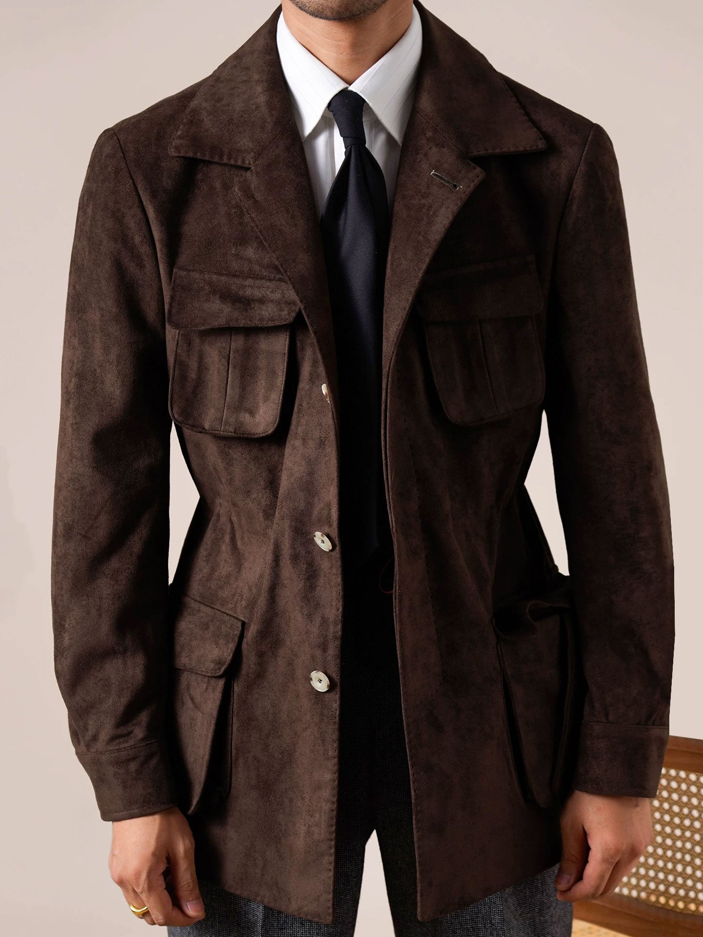 Men’s Suede Hunting Jacket — Slim Fit Belted Suit Collar Coat