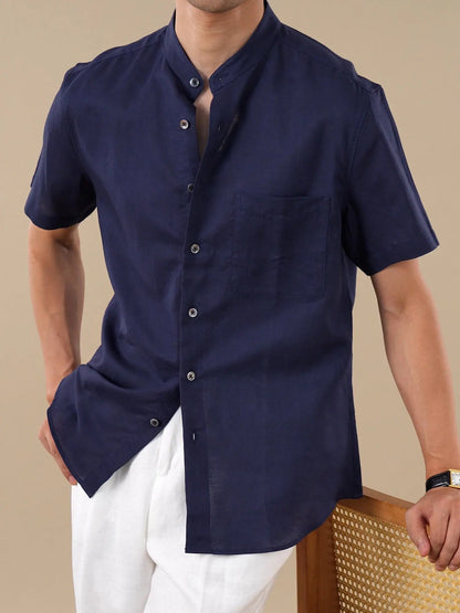 Band Collar Cotton-Linen Blend Short Sleeve Casual Shirt for Men BRABION