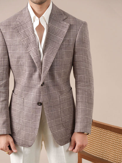 Mens Italian Prince of Wales Check Linen Blazer